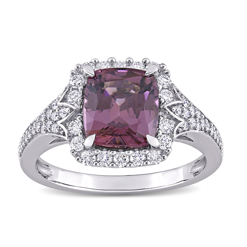 14kt white gold ring with square-cut purple spinel center and diamond halo