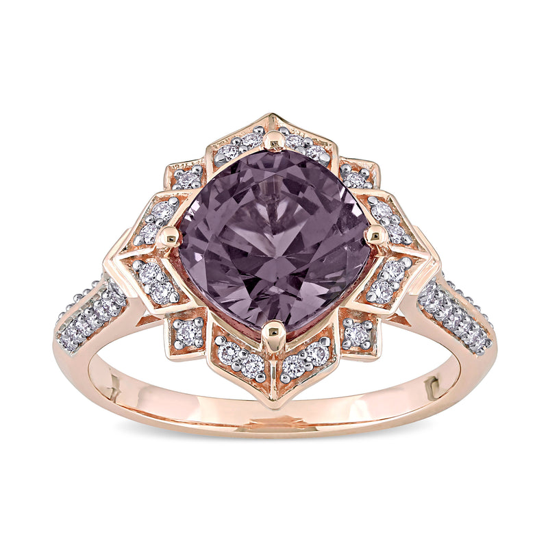 Rose gold art deco ring with large purple gemstone and diamond side accents