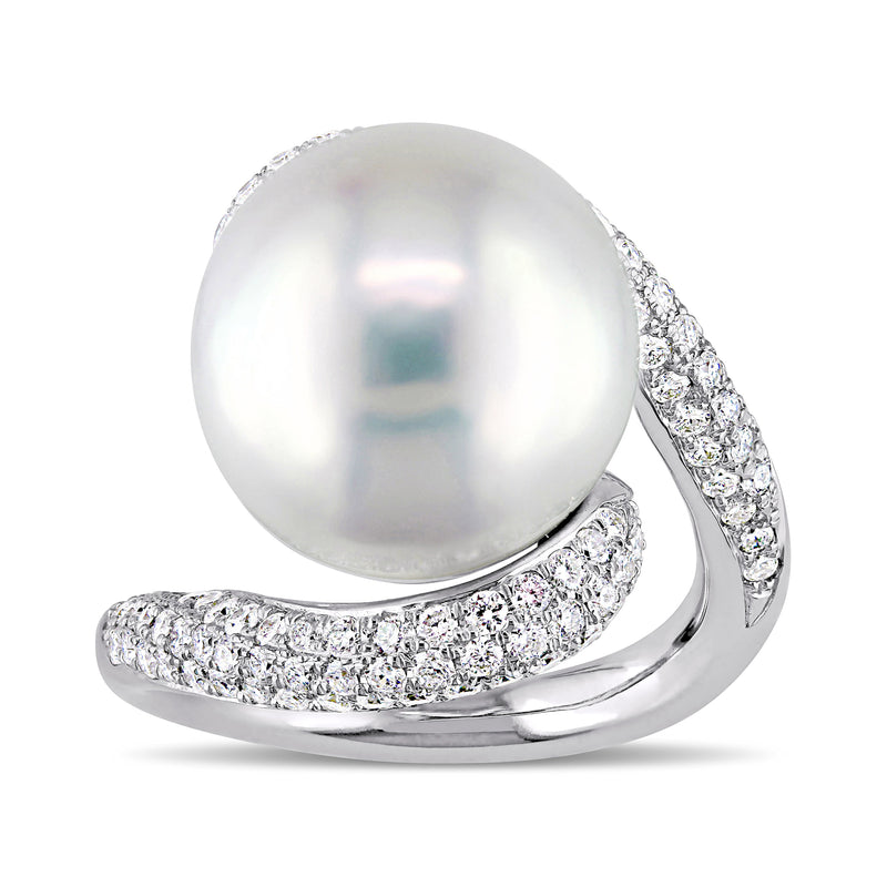 14kt white gold ring with large round cultured pearl and diamond twist pave band