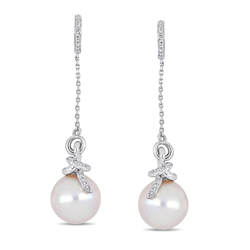 White gold drop earrings with cultured pearl and diamond accents