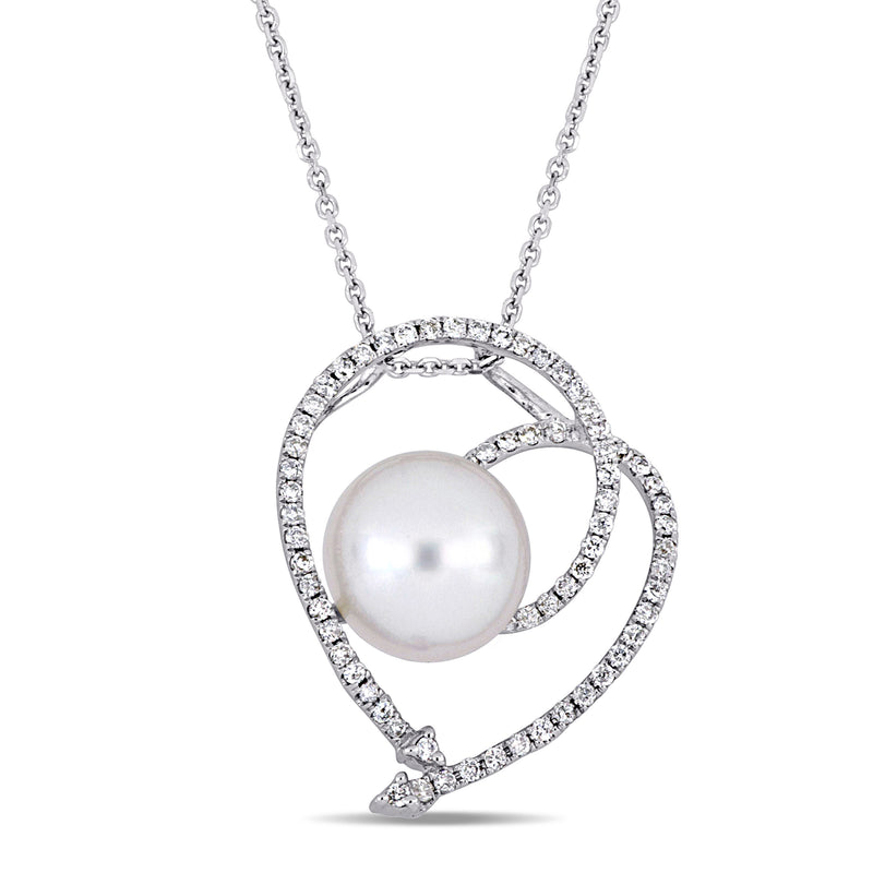 18kt white gold heart pendant necklace with cultured South Sea pearl and diamond accents