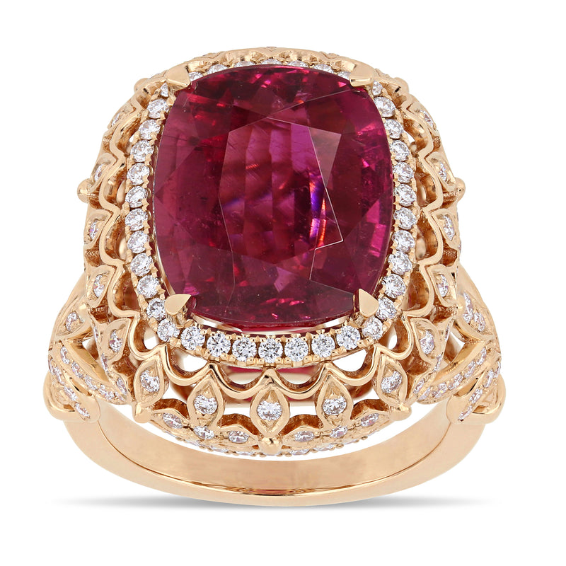 14kt rose gold cocktail ring with large oval pink tourmaline and diamond halo