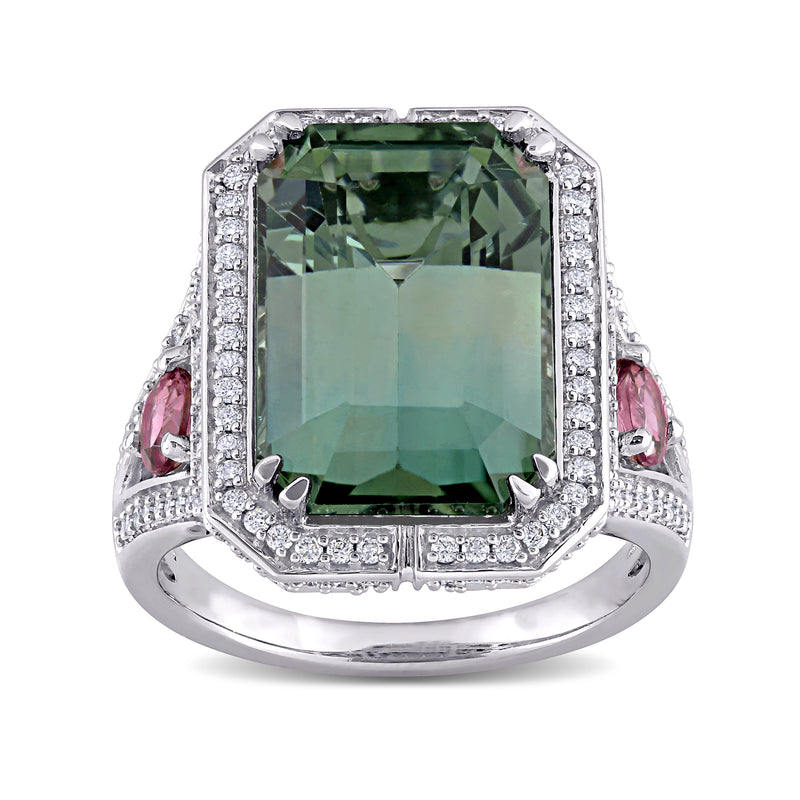 14kt white gold cocktail ring with large green square tourmaline, diamond halo, pink side stones