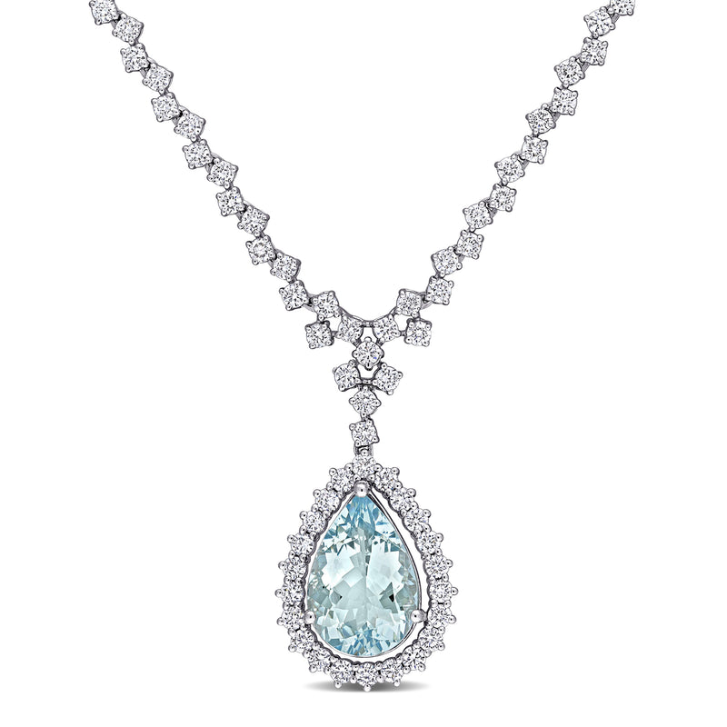 14kt white gold aquamarine and diamond drop necklace with pear-cut stone, teardrop halo