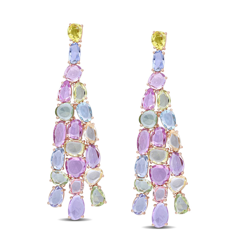 14kt rose gold chandelier earrings with multicolored sapphire oval stones