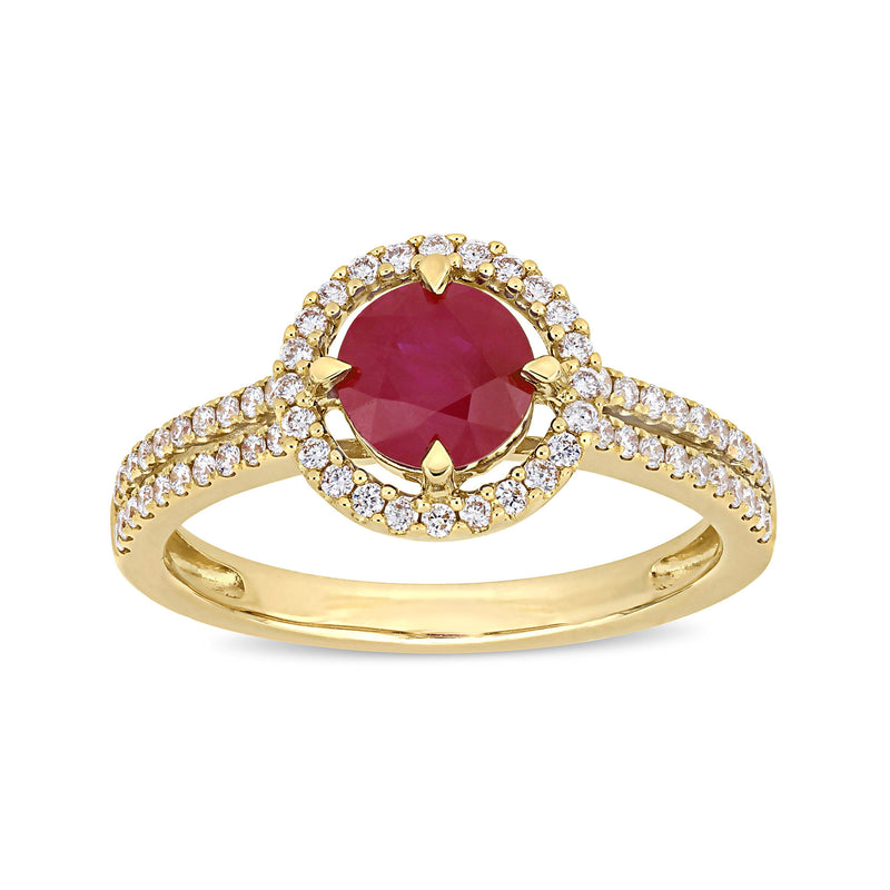 14kt yellow gold ruby and diamond halo ring with round center stone