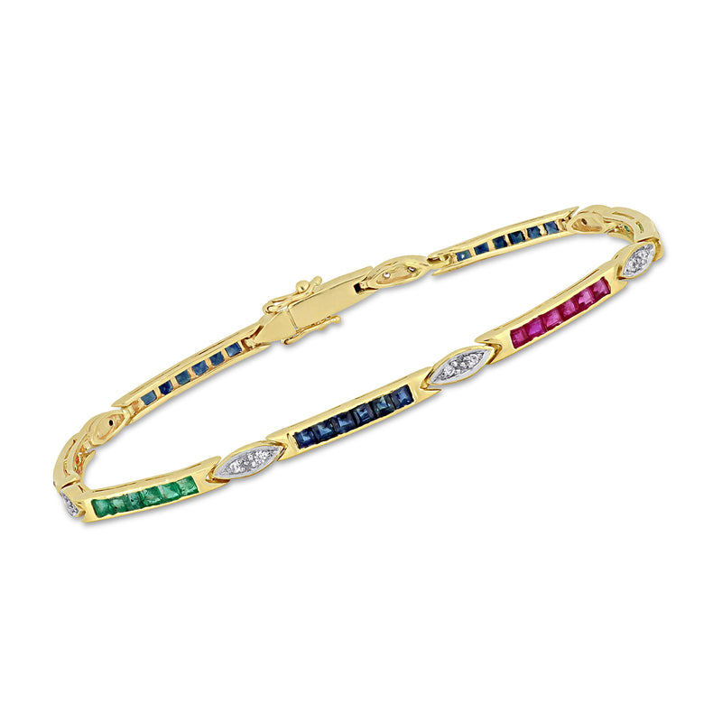 14kt yellow gold tennis bracelet with multicolor gemstone rows and diamond accents