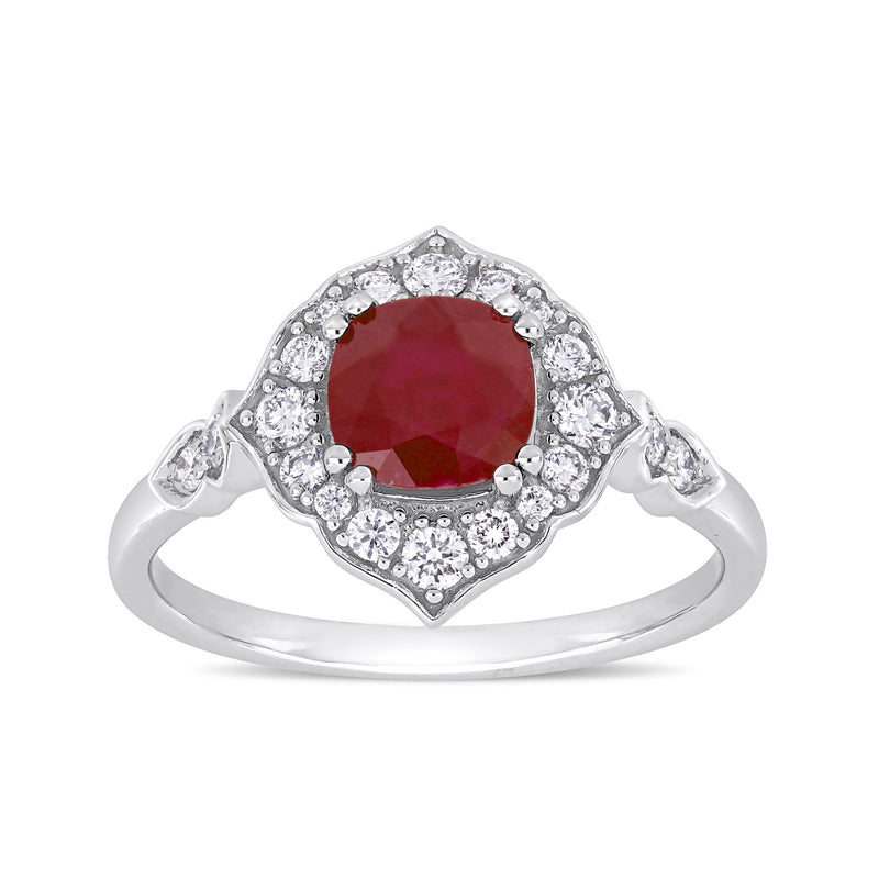 14kt white gold ring with oval red ruby center and round diamond halo