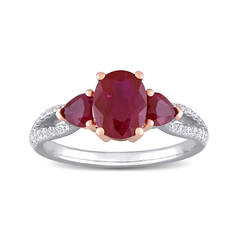 Three-stone ruby and diamond ring, oval center ruby with diamond-set shoulders, two-tone gold
