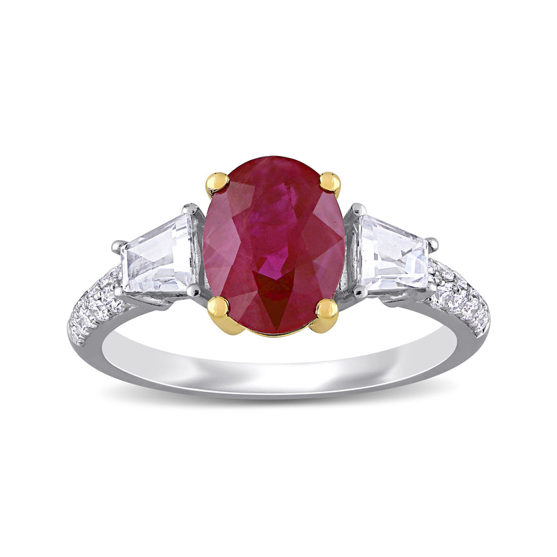 Oval ruby ring with white sapphire side stones, diamond accents, two-tone 14kt gold band