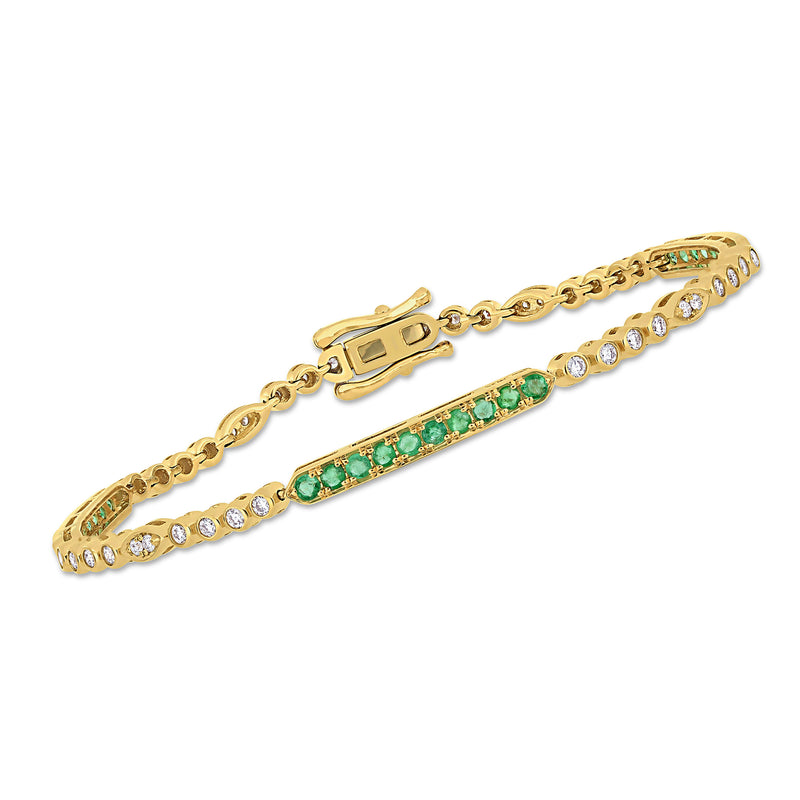 14kt yellow gold station bracelet with green emerald-style stones and diamond accents