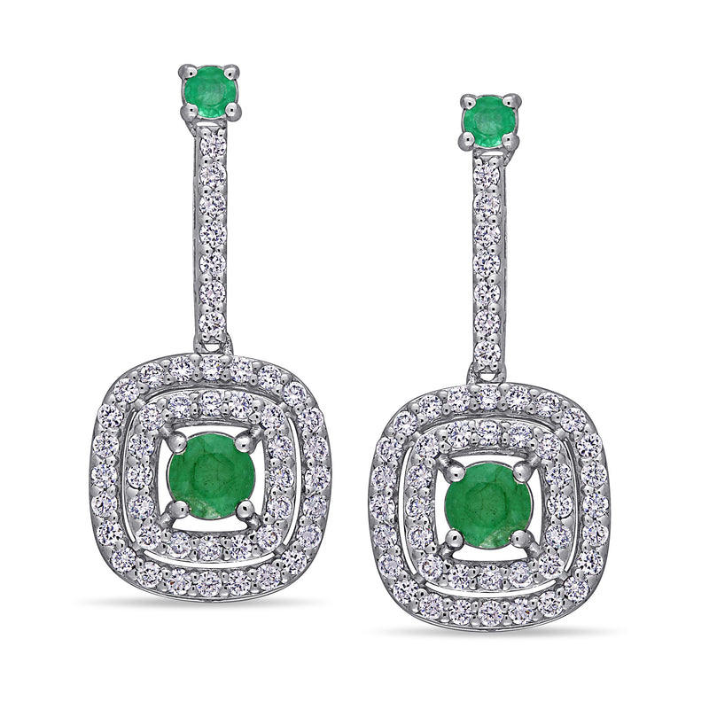 14kt white gold emerald and diamond drop earrings with square emerald in double halo