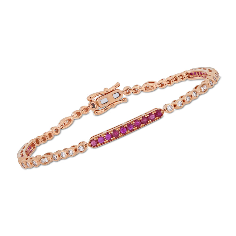 14kt rose gold station bracelet with pink ruby bar and diamond accents