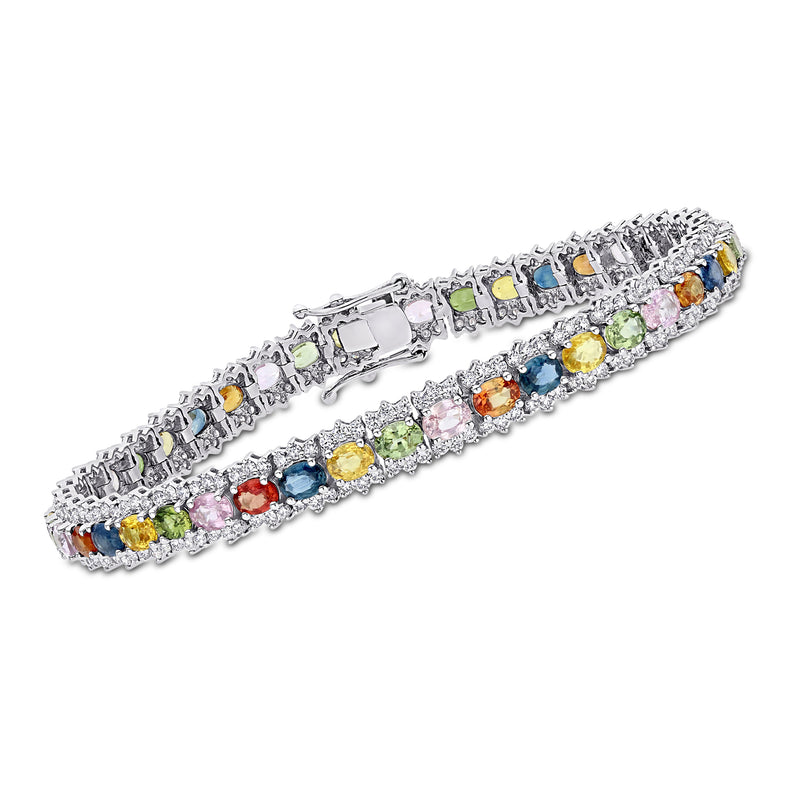 Multicolored sapphire and diamond tennis bracelet in 18kt white gold, row of colorful stones