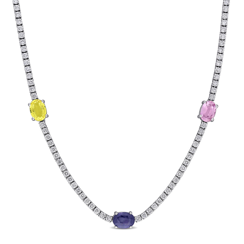 18k white gold diamond station necklace with oval yellow, pink, and purple sapphires