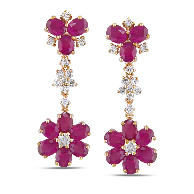 Rose gold flower drop earrings with pink purple gemstones and diamond accents, post backs