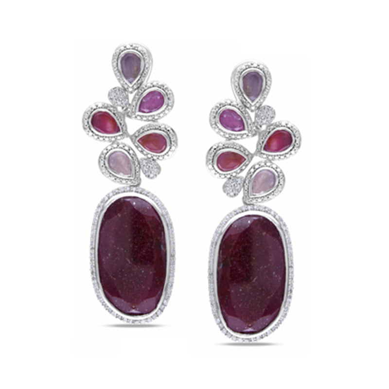 Purple sapphire and diamond drop earrings with oval maroon center stones, white gold posts