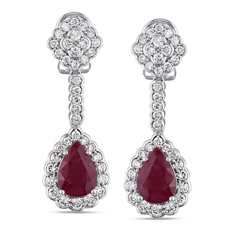 14kt white gold ruby and diamond drop post earrings with teardrop ruby center