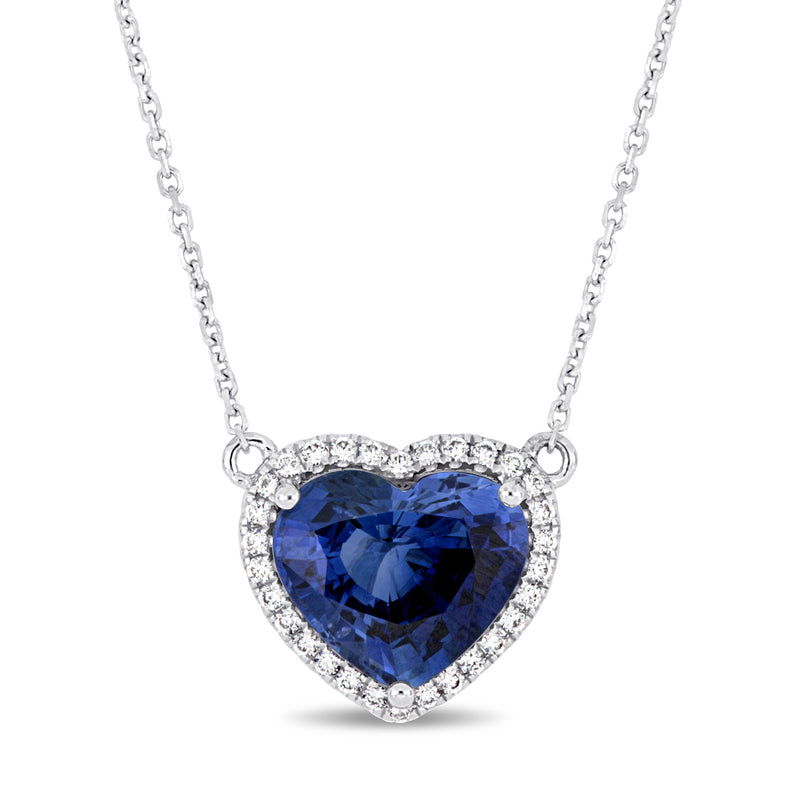 14kt white gold heart necklace with deep blue sapphire and diamond halo on chain