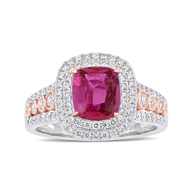 Pink sapphire and diamond ring in two-tone gold with halo setting