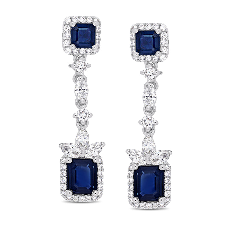 14kt white gold drop earrings with square blue sapphire and diamond halos, dangling stones