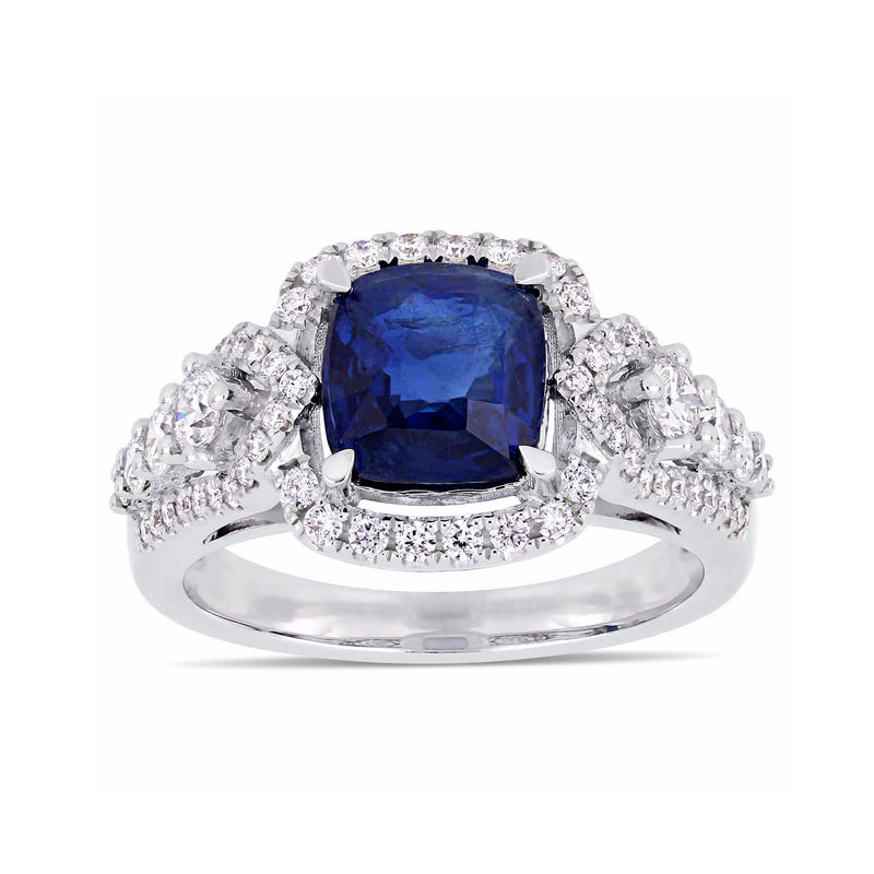 14kt white gold ring with square blue sapphire center and diamond halo & shoulders