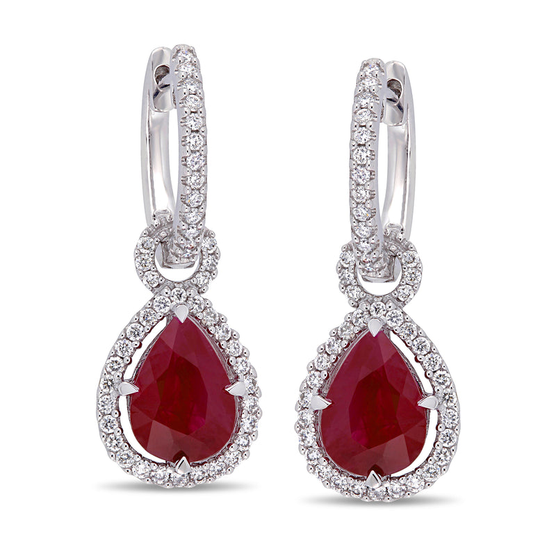 14kt white gold teardrop post earrings with ruby center and diamond halo