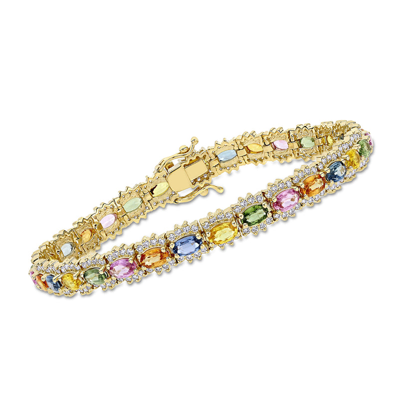 Multicolored sapphire tennis bracelet in yellow gold, diamond accents, hinged clasp.