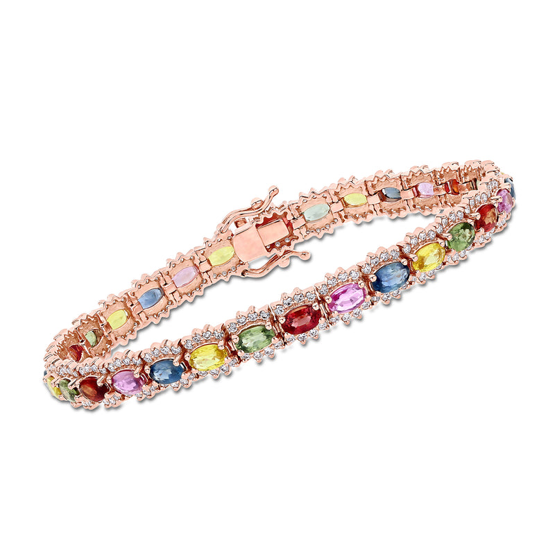 14kt rose gold tennis bracelet with multicolored sapphires and small diamonds