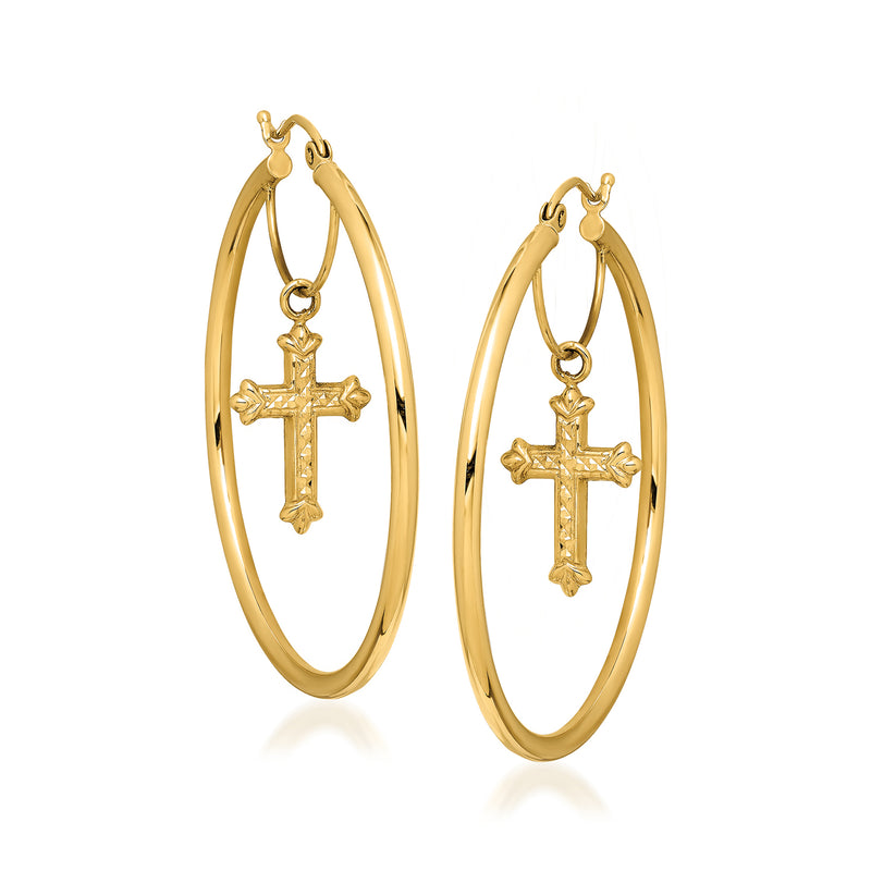 14kt yellow gold hoop earrings with hanging cross charm