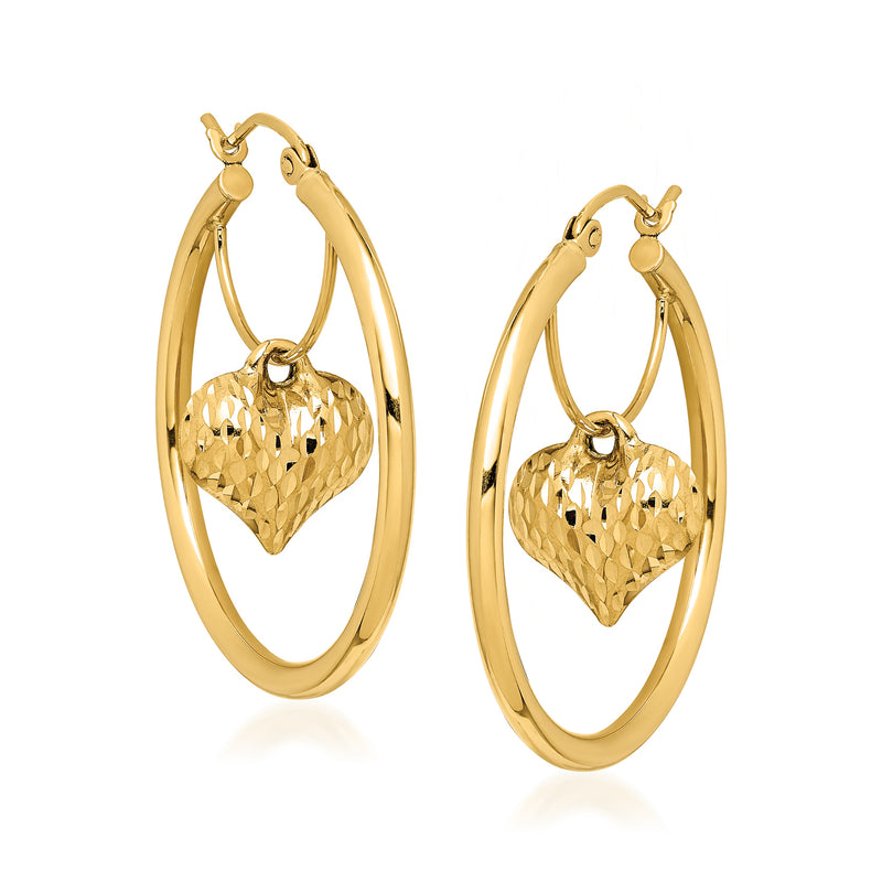 14kt yellow gold heart dangle hoop earrings with faceted heart charm