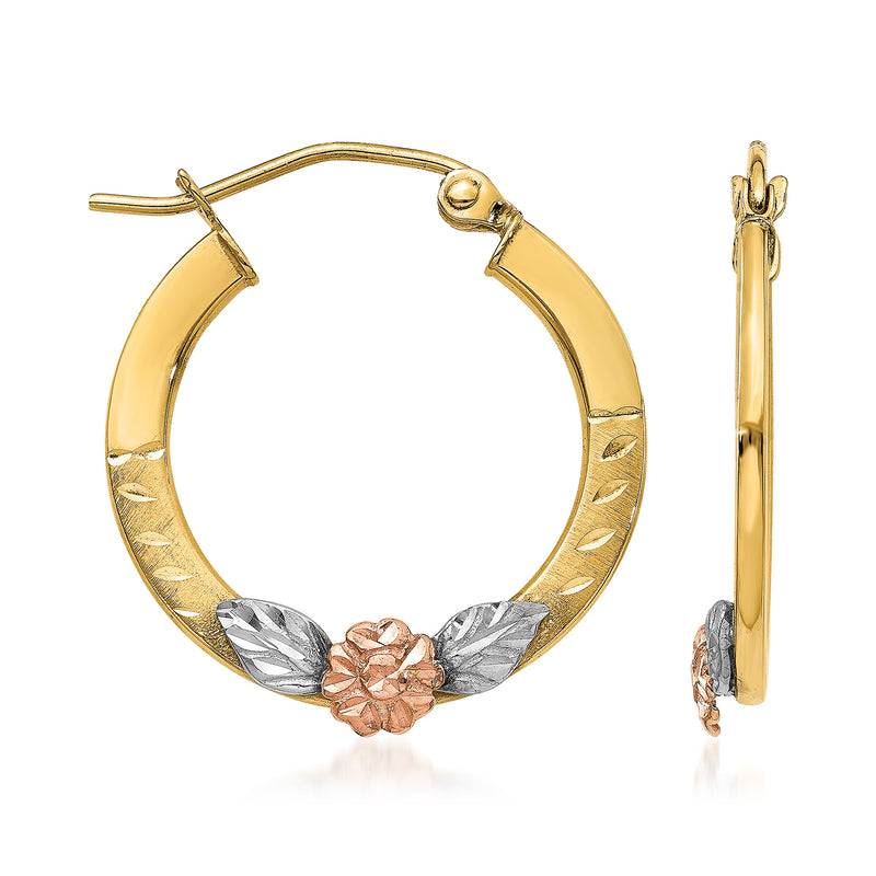 14kt tri-colored gold hoop earrings with engraved petals and rose-toned flower detail