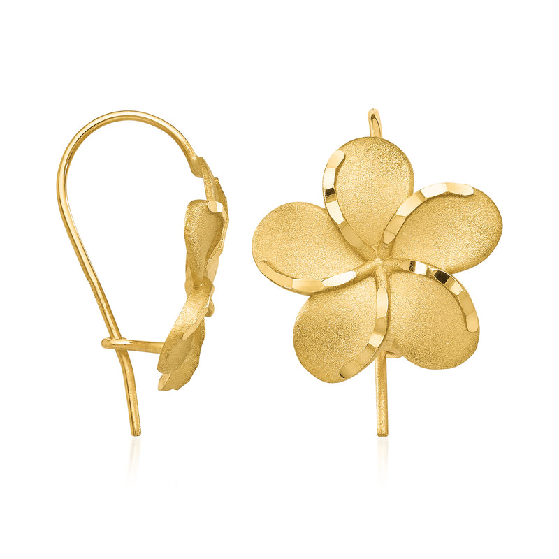 14kt yellow gold plumeria flower earwire earrings with textured petals