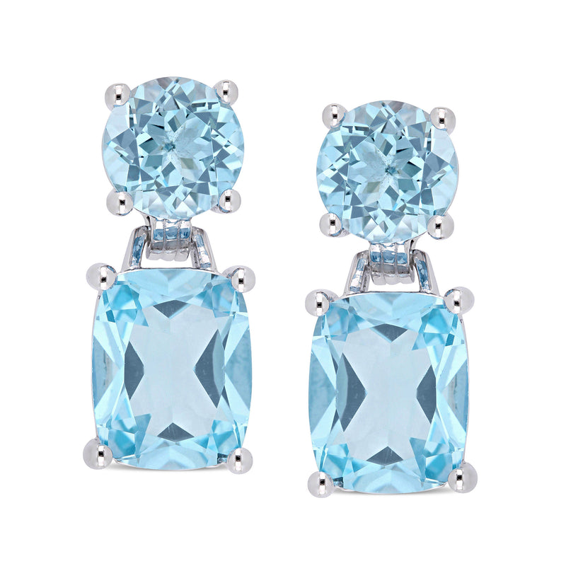 Sky blue topaz drop earrings in sterling silver prongs, post style, oval top and cushion drop