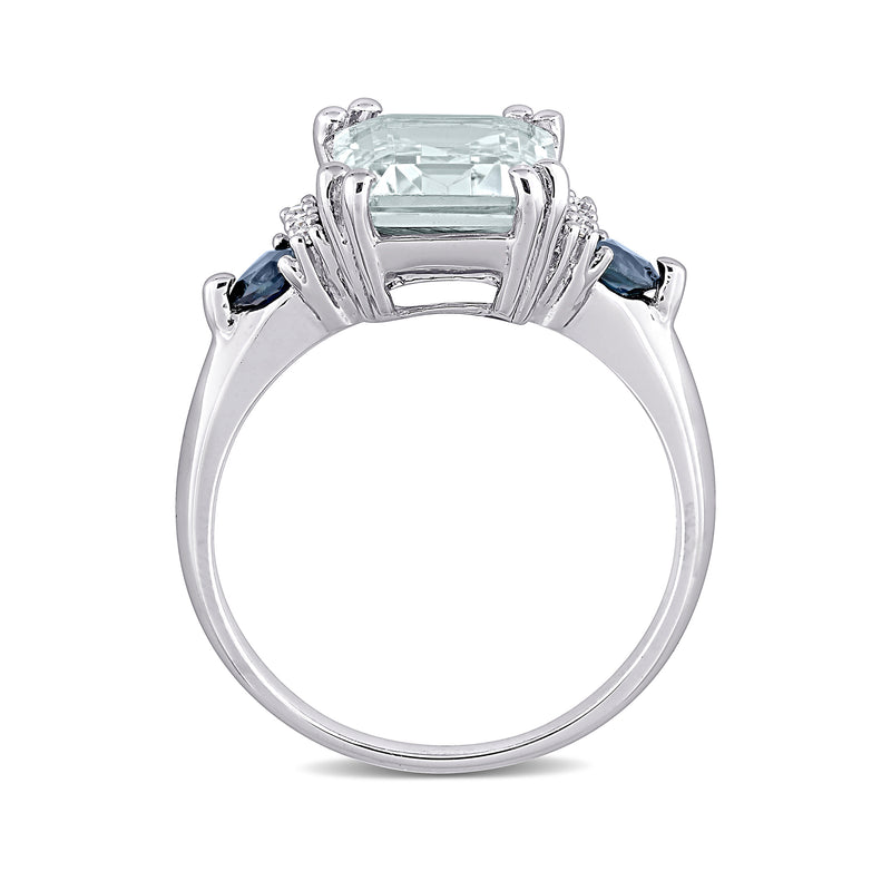 Sterling silver gemstone ring with rectangular aquamarine center and blue sapphire side stones
