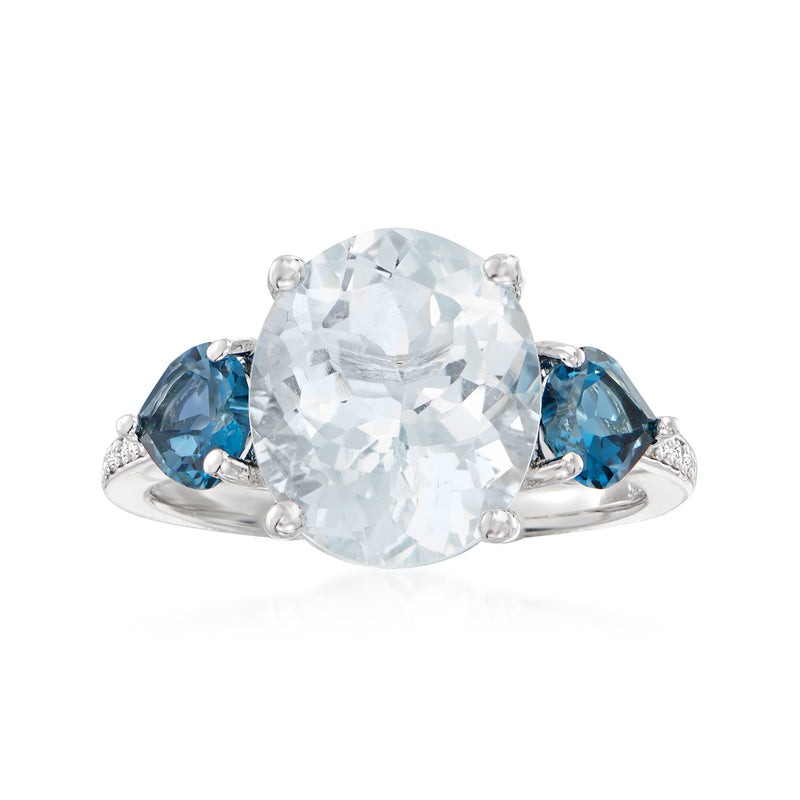 Sterling silver ring with oval aquamarine, London blue topaz, and diamond accents