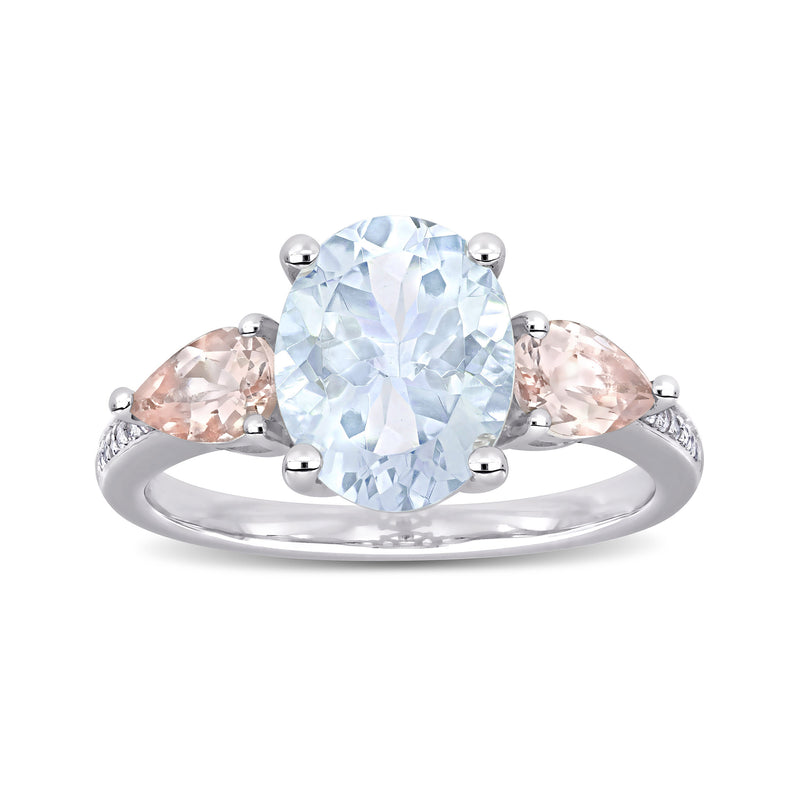 Sterling silver ring with oval aquamarine center, peach morganite side stones, diamond accents