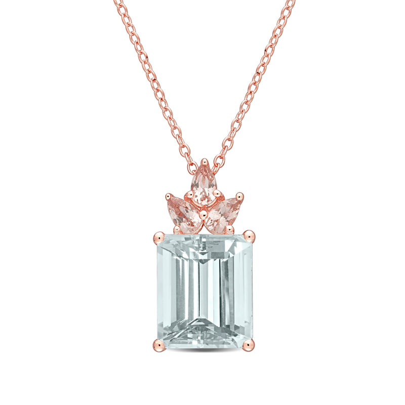 Rose gold necklace with aqua rectangular gemstone and pink halo pendant