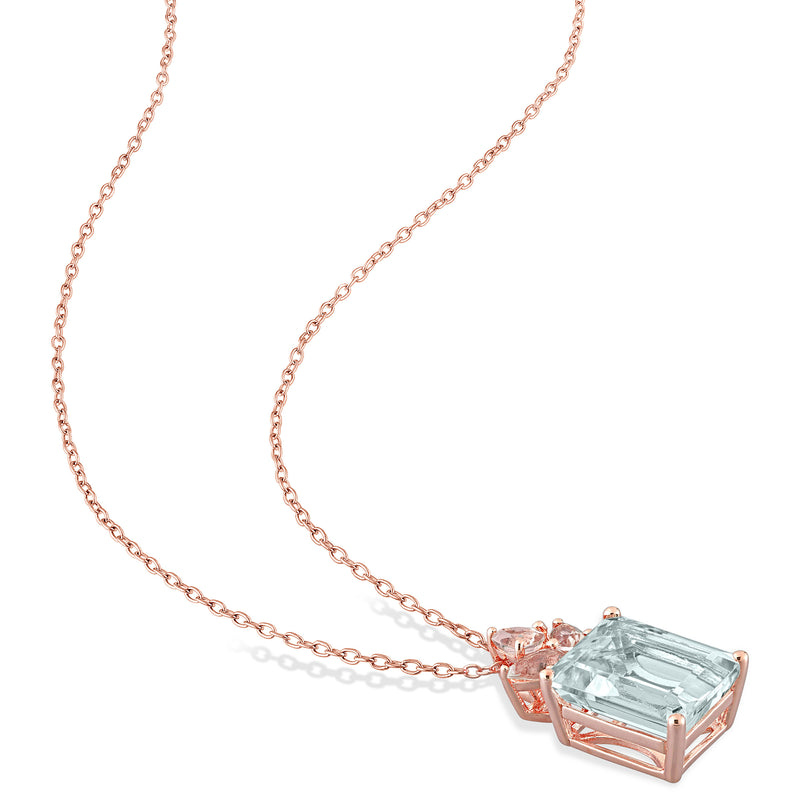 Rose gold chain necklace with aqua cushion-cut pendant and pink accent stones