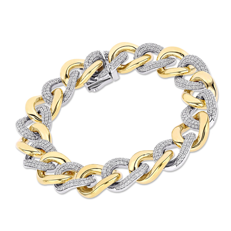 Two-tone gold curb-link diamond bracelet with textured silver-toned links