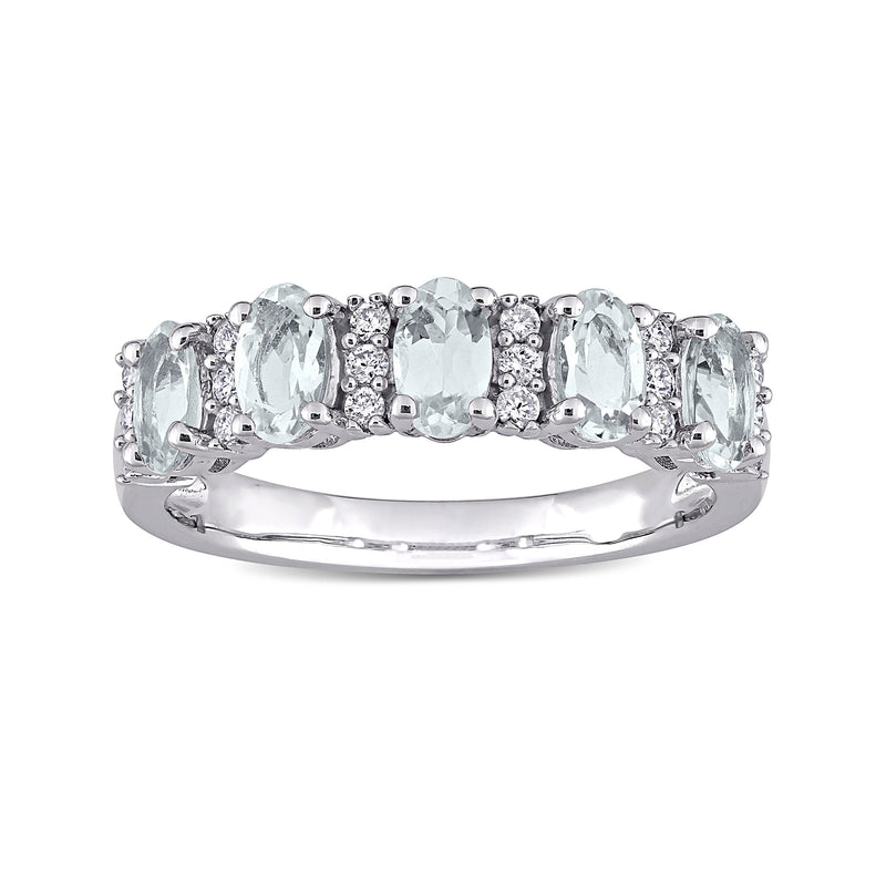 14kt white gold ring with five oval aquamarines and round diamonds across top