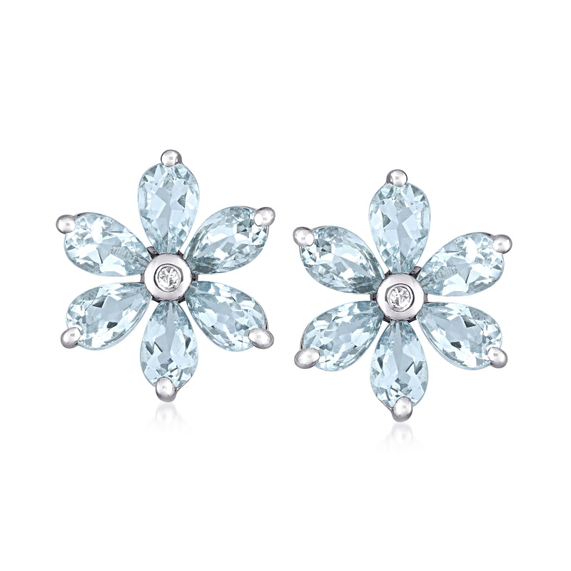14kt white gold aquamarine floral stud earrings with five teardrop petals