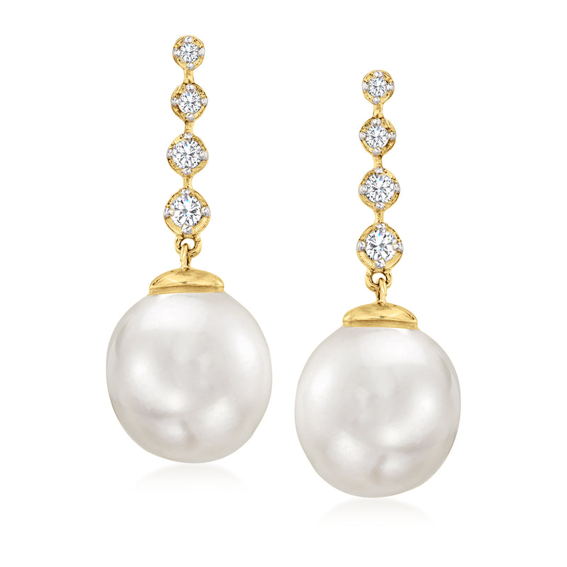 Cultured South Sea pearl drop earrings in 14kt yellow gold with diamond accents, round white pearls