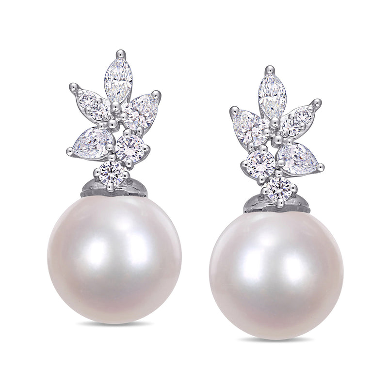 White gold pearl and diamond floral drop post earrings with round white pearl