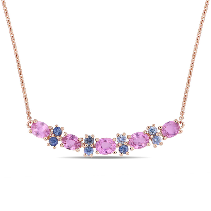 14kt rose gold necklace with oval pink sapphires and small blue sapphire stones