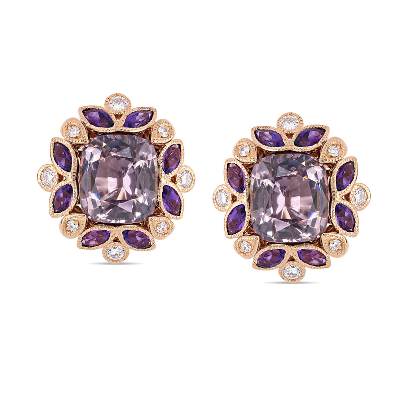 14kt rose gold floral stud earrings with purple gemstones and diamond accents