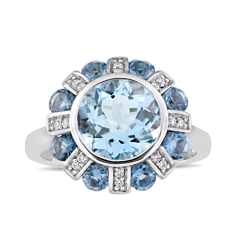 White gold halo ring with large round blue topaz center and blue gemstone side stones