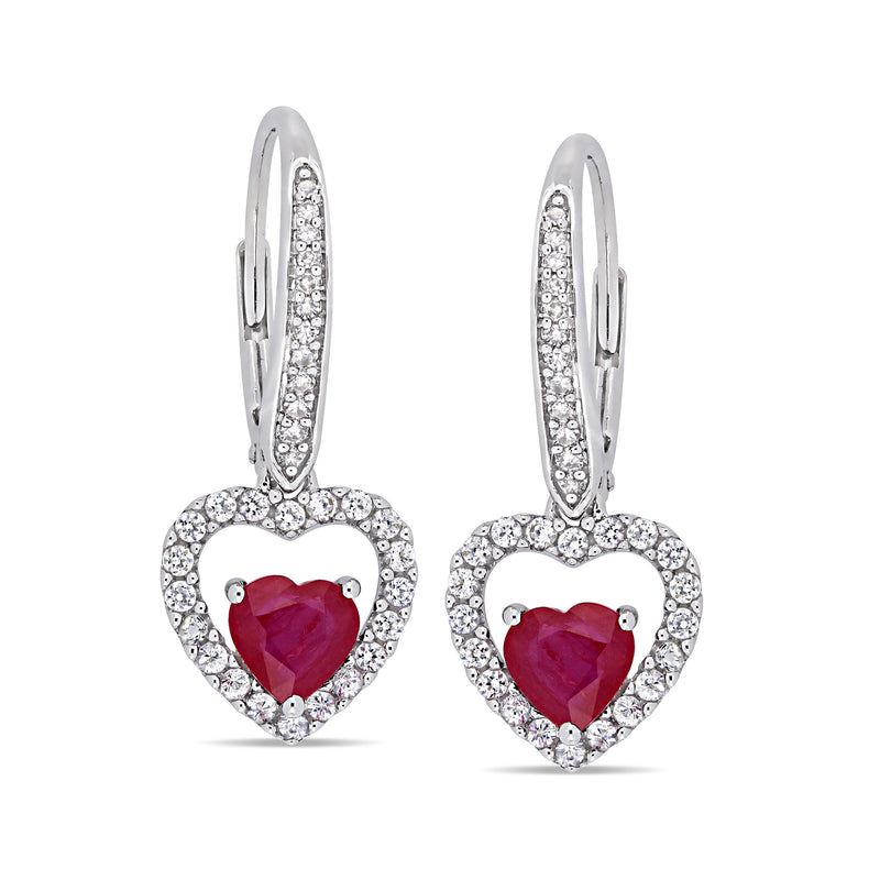 14kt white gold heart drop earrings with red ruby center and clear white stones, leverback