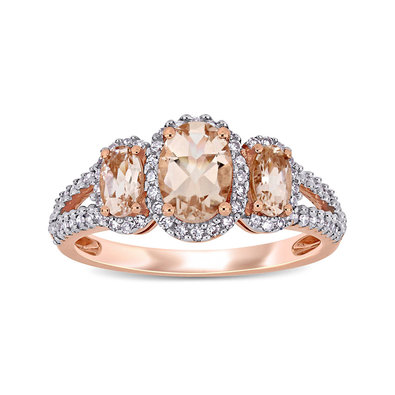 Three-stone morganite and diamond ring in rose gold with oval center and side stones