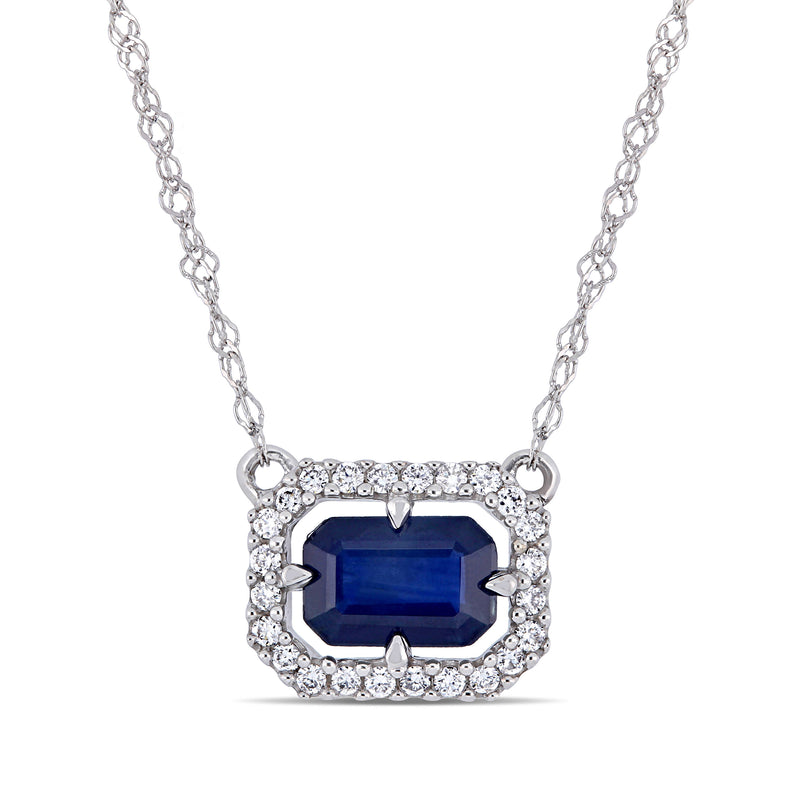 14kt white gold necklace with blue sapphire center and diamond-accent halo pendant